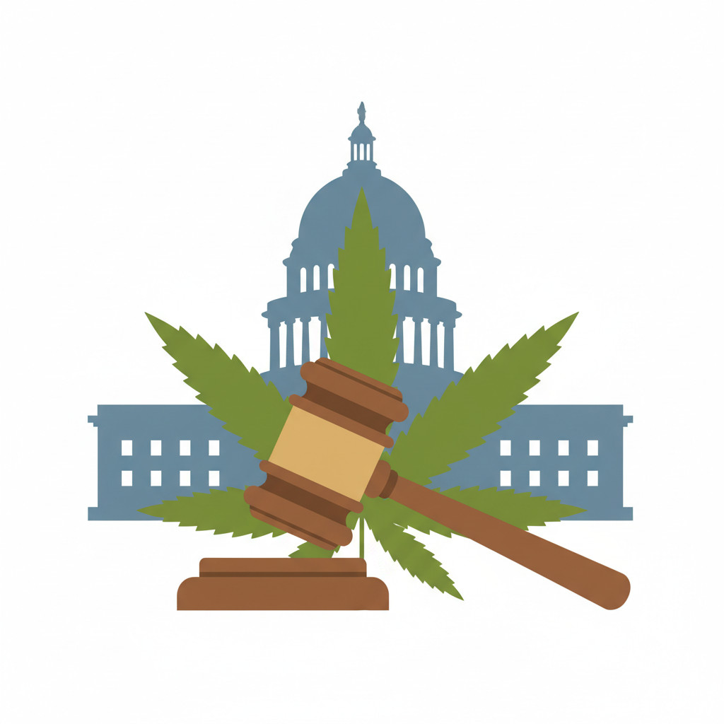 Symbolic illustration of a wooden gavel in the foreground, a green cannabis leaf behind it, and a silhouette of a government building in the background. The composition is centered, minimal, and uses flat colors without text.