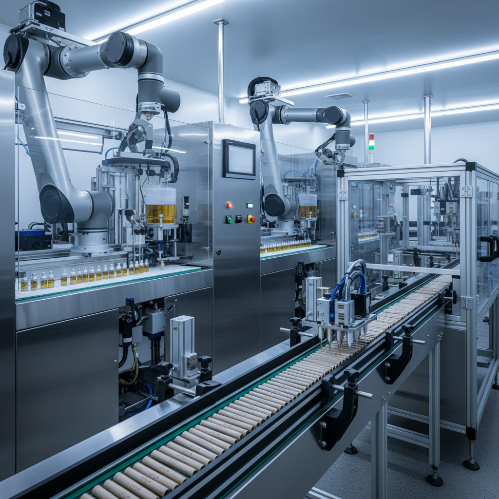 Robotic arms automating vape cartridge and pre-roll production