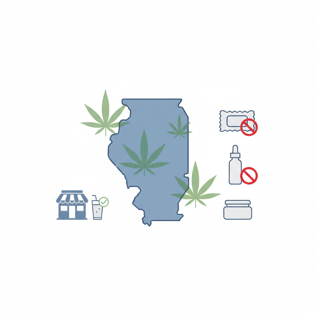 Illustration of a Chicago map with hemp leaves, prohibited product icons, and a beverage carve-out symbol