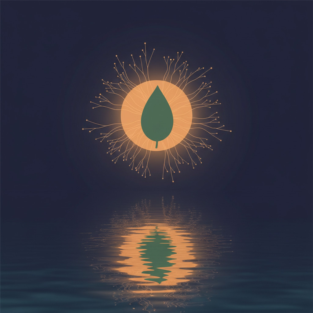 Stylized Tabernanthe iboga leaf silhouette with a warm amber radial glow and subtle neural-like branching lines above a reflective water surface, set against a deep indigo background.