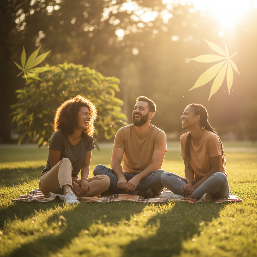 Three friends laughing on a sunlit picnic blanket with soft-focus greenery and subtle cannabis leaves in the background