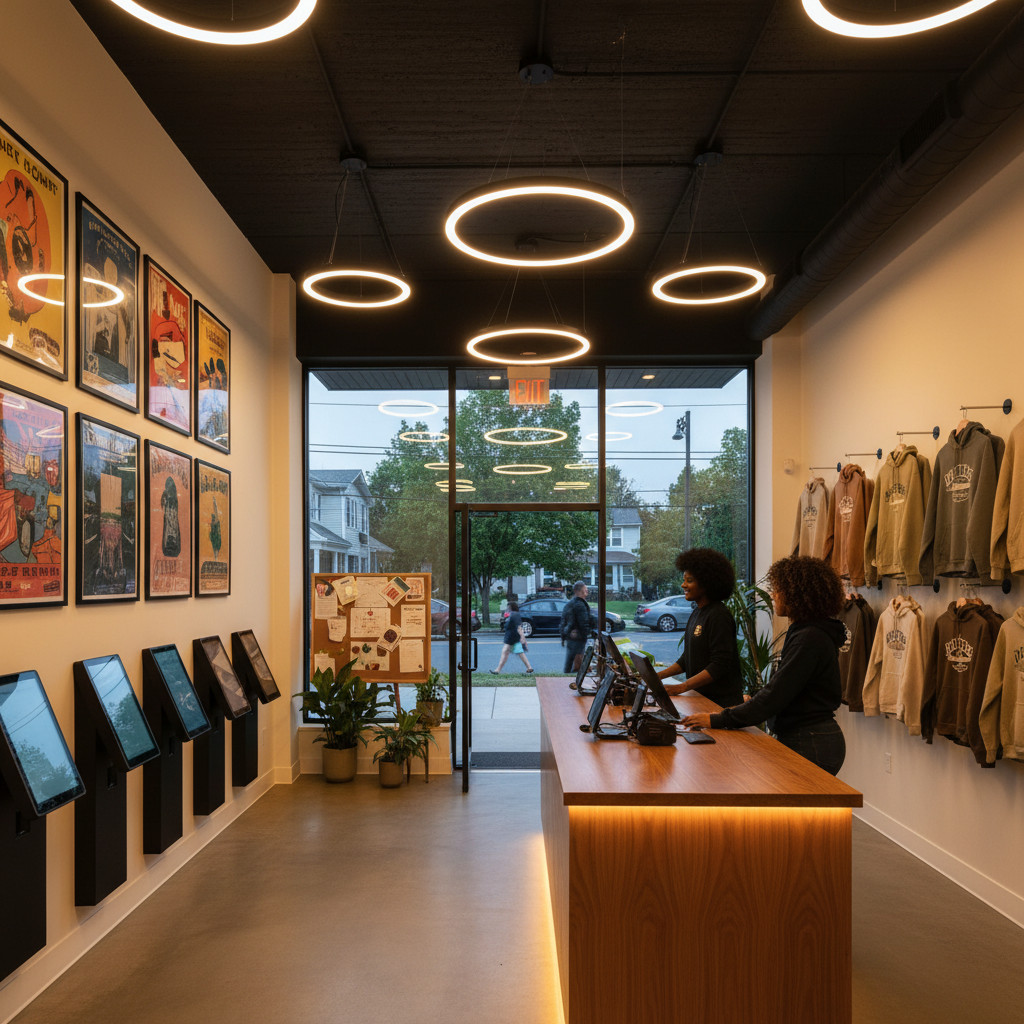 Welcoming NJ neighborhood dispensary interior with warm lighting and poster wall