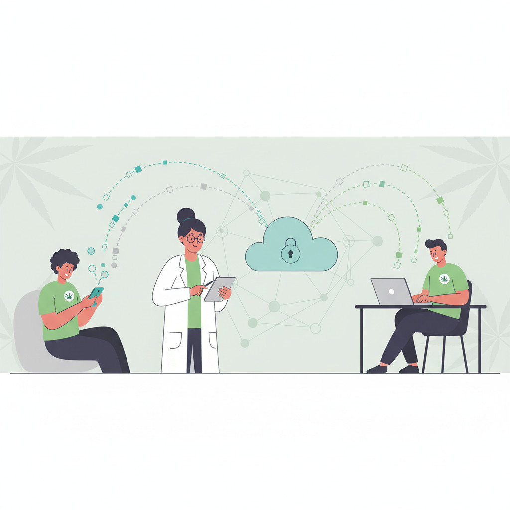 Illustration showing patients, clinicians and researchers sending stylized data streams into a central cloud database to represent medical cannabis real-world evidence collection.