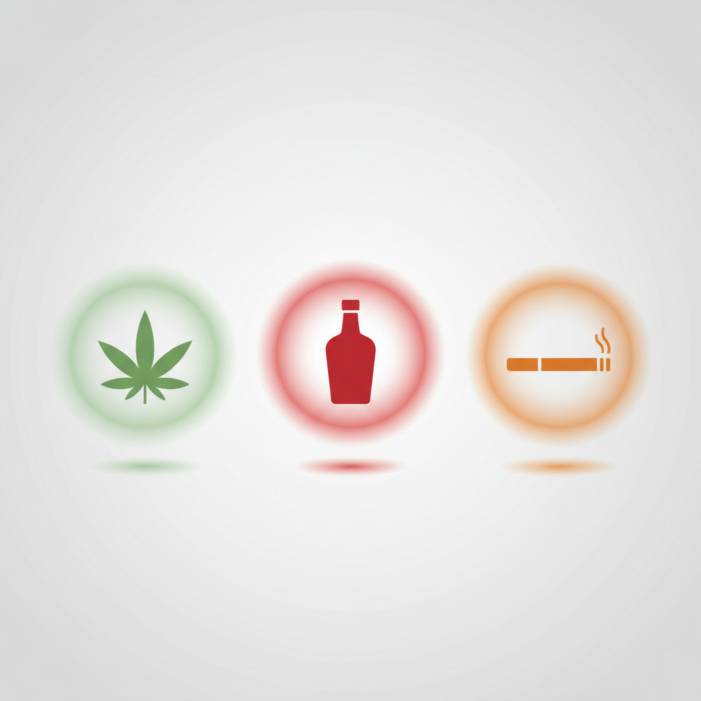 Simple flat vector illustration comparing the population-level impact of cannabis, alcohol, and tobacco using a cannabis leaf, an alcohol bottle, and a cigarette with a green to red color gradient indicating relative harm levels.