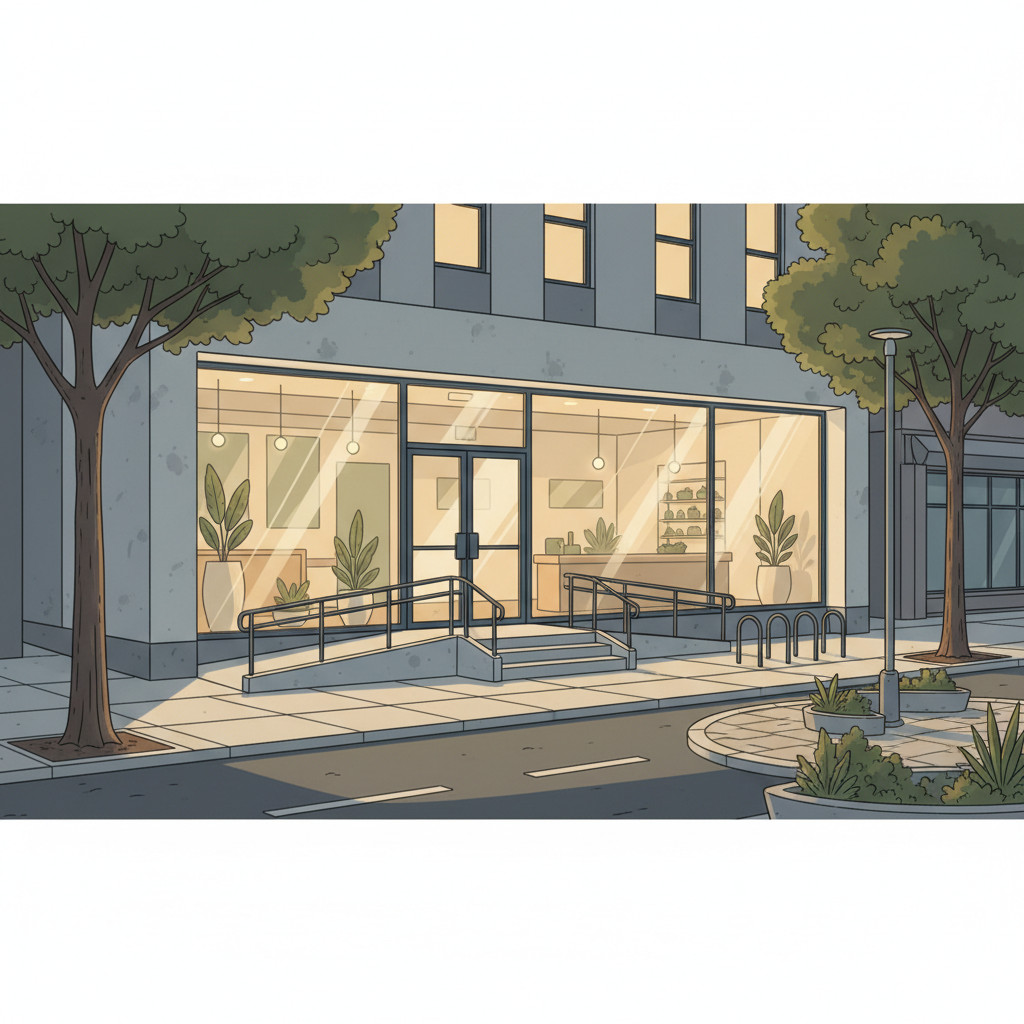 Modern storefront of a city-operated cannabis dispensary on a tree-lined urban street with ramp access, bike rack, and warm evening light