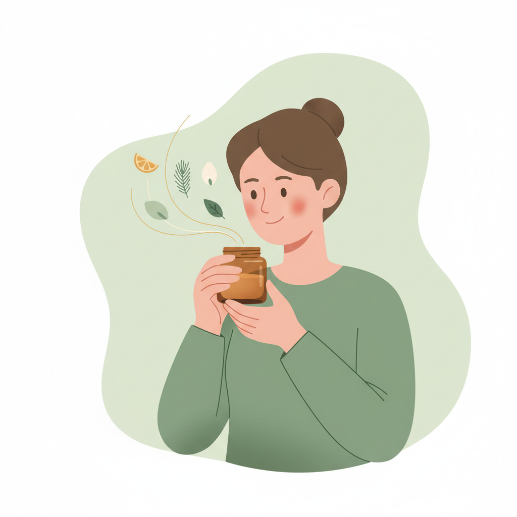 A person smelling a small amber vial with soft scent lines and abstract icons for citrus, pine, floral and green leaf