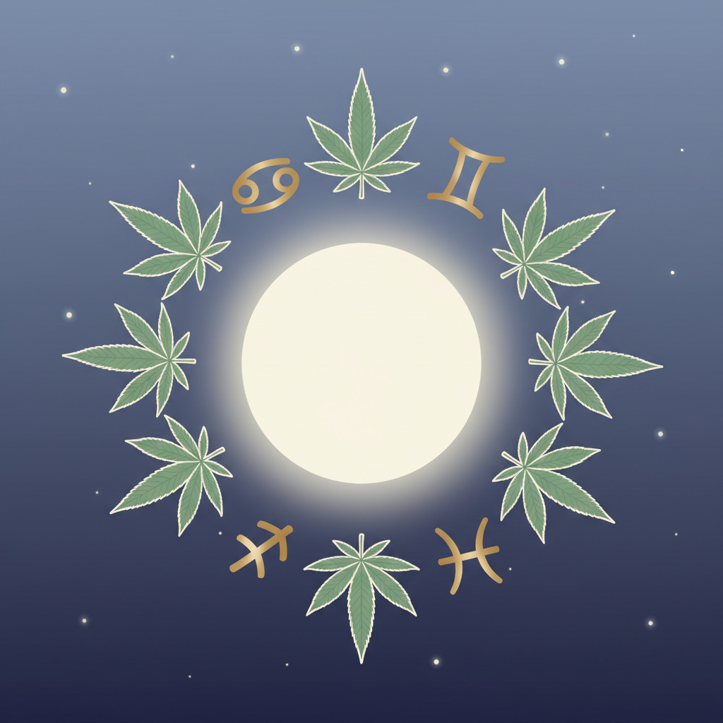 Illustration of a centered luminous moon surrounded by twelve minimalist zodiac symbols in muted gold, with stylized soft green cannabis leaves interwoven between the symbols on an indigo starfield background.