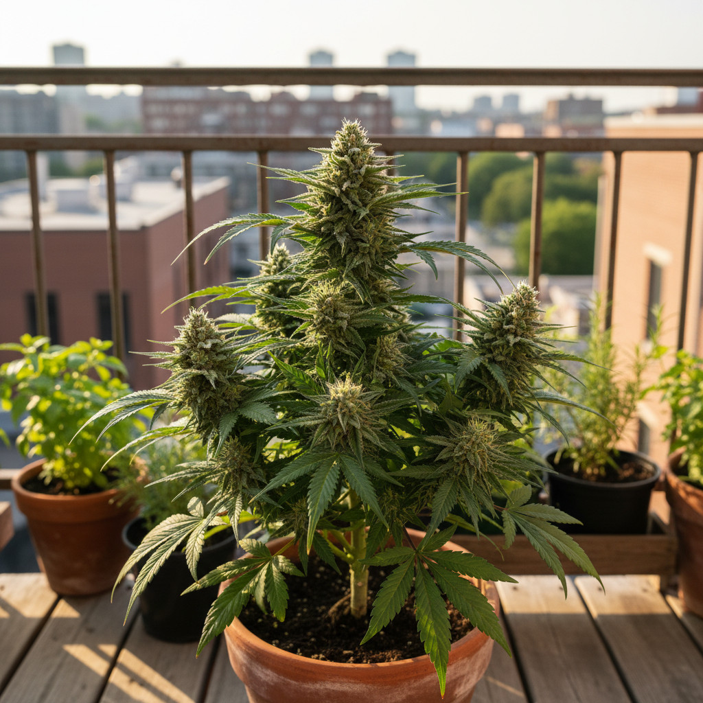 Thriving BCN Critical XXL Autoflower plant on an urban balcony garden