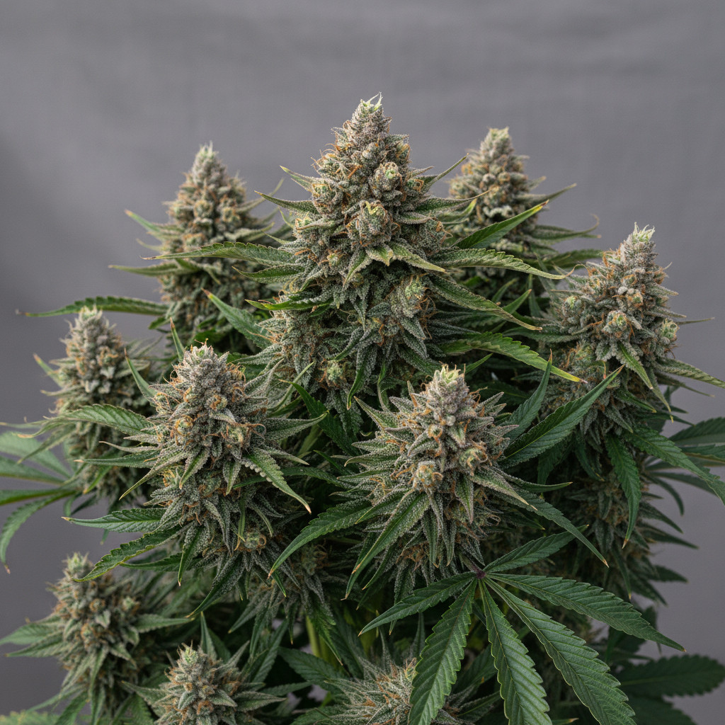 High resolution close up and mid shot of BCN Critical XXL Autoflower showing dense resin coated buds and serrated fan leaves, natural daylight on a plain neutral background.