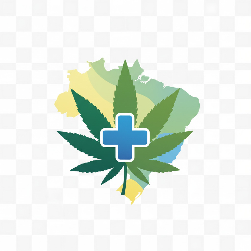 Stylized flat cannabis leaf merged with a blue medical cross, set over a soft outline of Brazil with green, yellow, and blue accents to evoke the national flag. The design is minimal, professional, and contains no text.