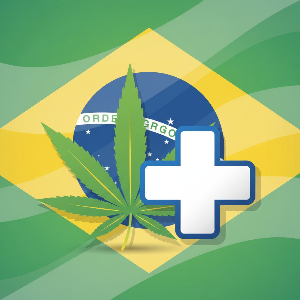 Illustration showing a stylized Brazilian flag in the background with a medical cross and a cannabis leaf in the foreground, symbolizing medical CBD regulation in Brazil.