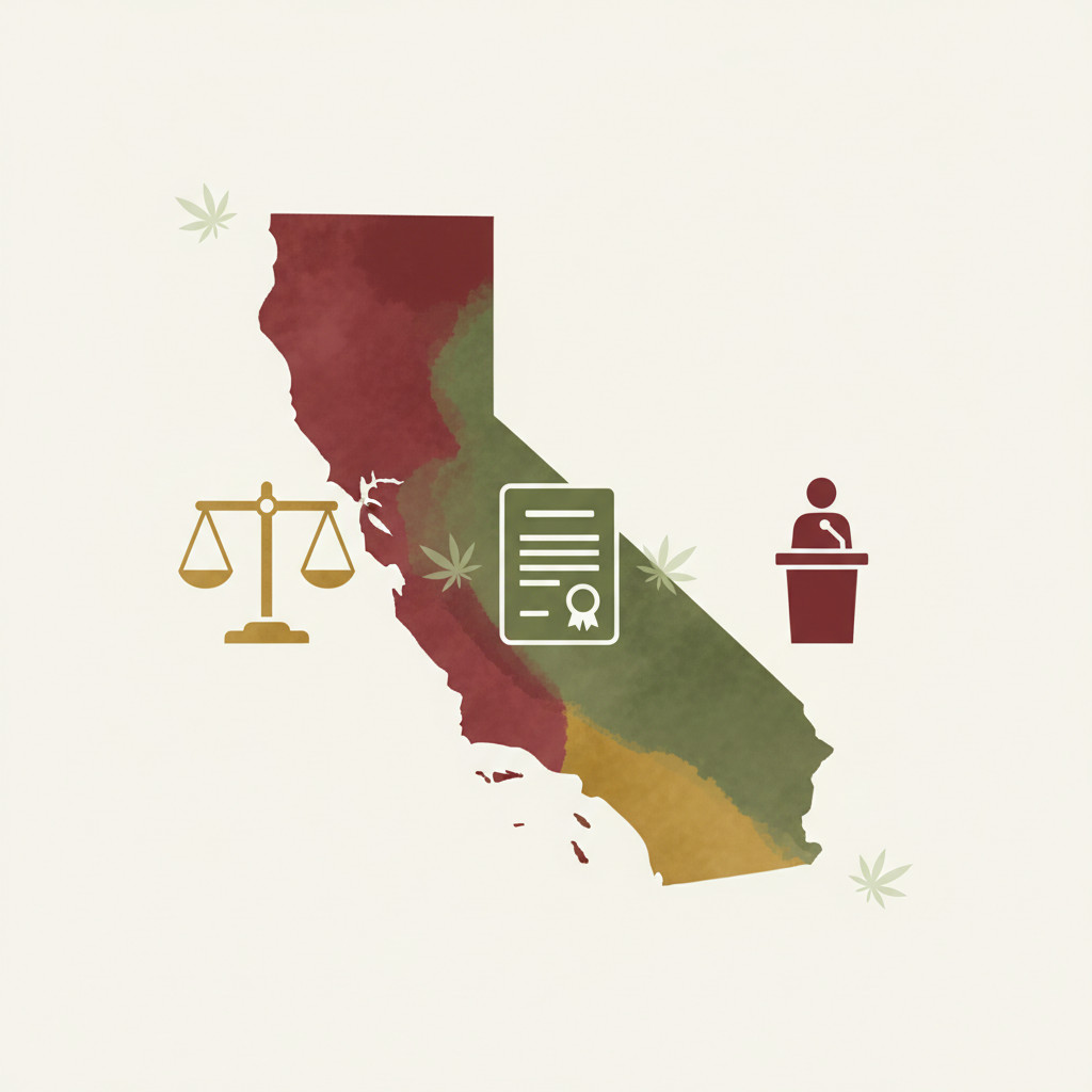 Symbolic illustration of California outline with scales, legal document, and leadership podium icons representing regulation and DCC leadership