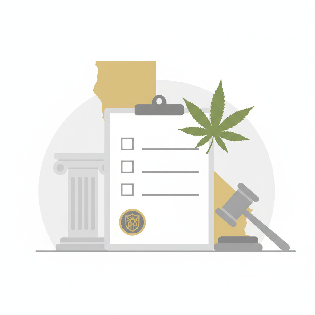 Illustration of a California state silhouette behind a clipboard with a checklist and a cannabis leaf, plus an oversight badge and subtle courthouse gavel in the background.