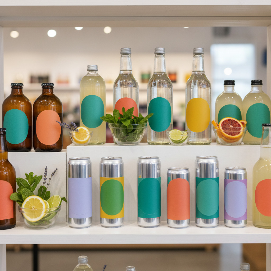 Vibrant cannabis and hemp beverage shelf with colorful bottles and cans