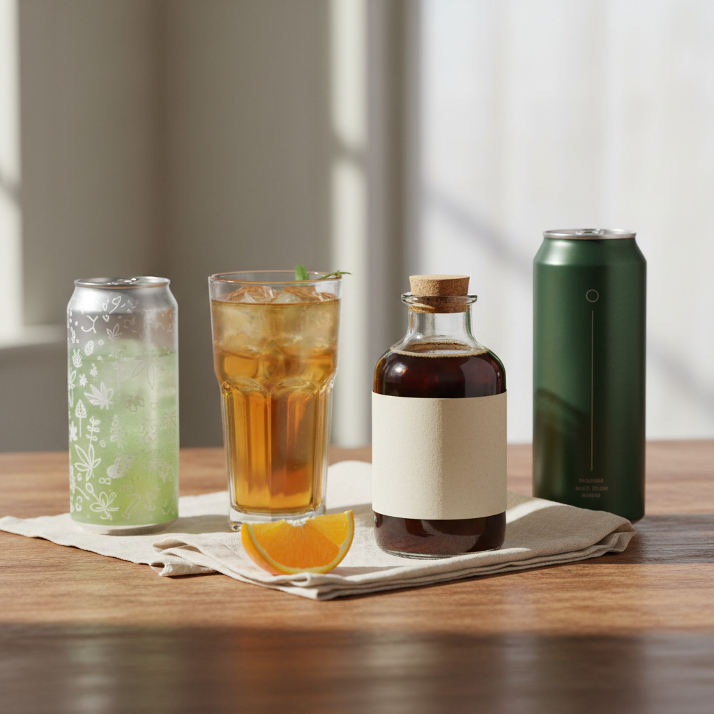 A calming still life of cannabis beverages showing a sparkling water can, iced tea glass with a herb sprig, a bottled cold brew style drink, and a slim infused drink can arranged on a warm wooden surface with a linen napkin and citrus wedge. Natural muted greens, soft creams, and pale amber tones create a wellness lifestyle vibe.
