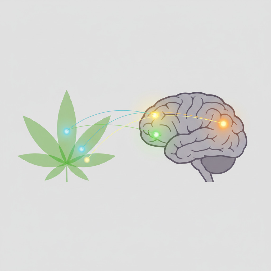Cannabis leaf connecting to highlighted brain regions