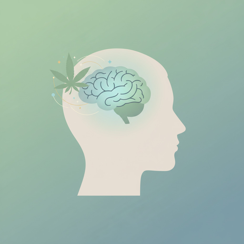 Illustration of a neutral adult profile with a glowing brain and a stylized cannabis leaf nearby, suggesting positive influence on cognition in adults aged 40 to 77.