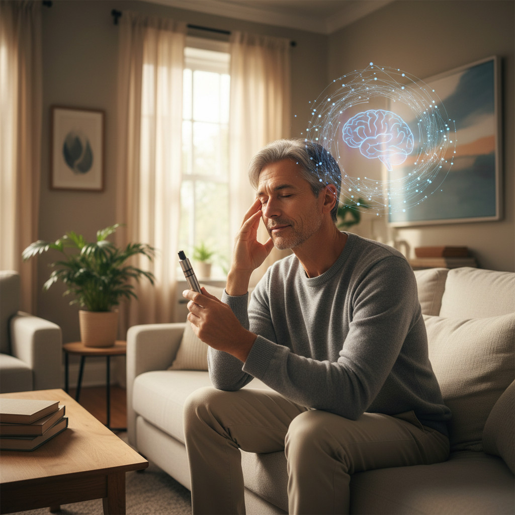 Generic middle aged adult holding a small cannabis vape in a calm living room with a soft, semi transparent brain silhouette overlay symbolizing cognitive function. The image uses warm, neutral tones and avoids text or identifiable faces.