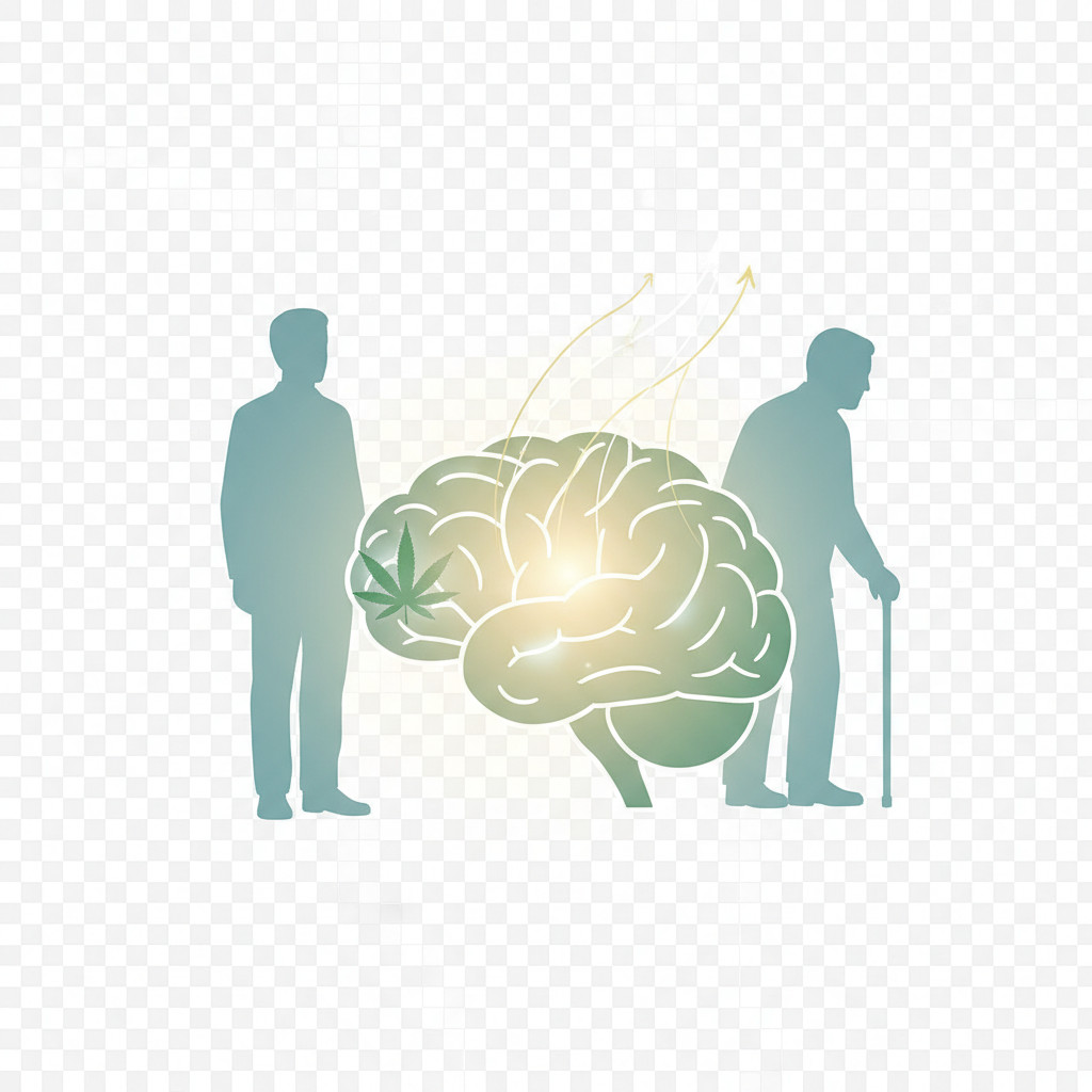Stylized illustration of a semi-transparent brain with a subtle cannabis leaf and two adult silhouettes representing ages 40 to 77