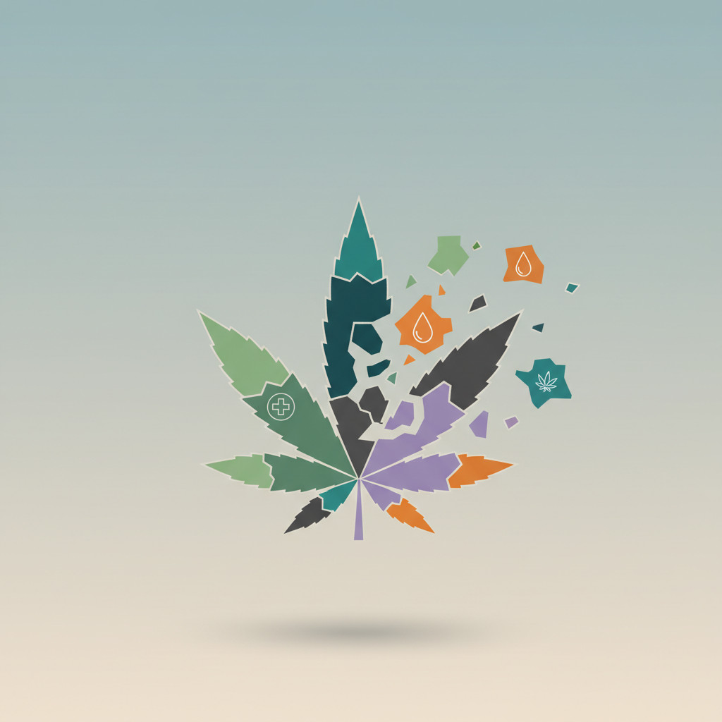 Abstract cannabis leaf breaking into colorful shards representing diversity and division within cannabis culture