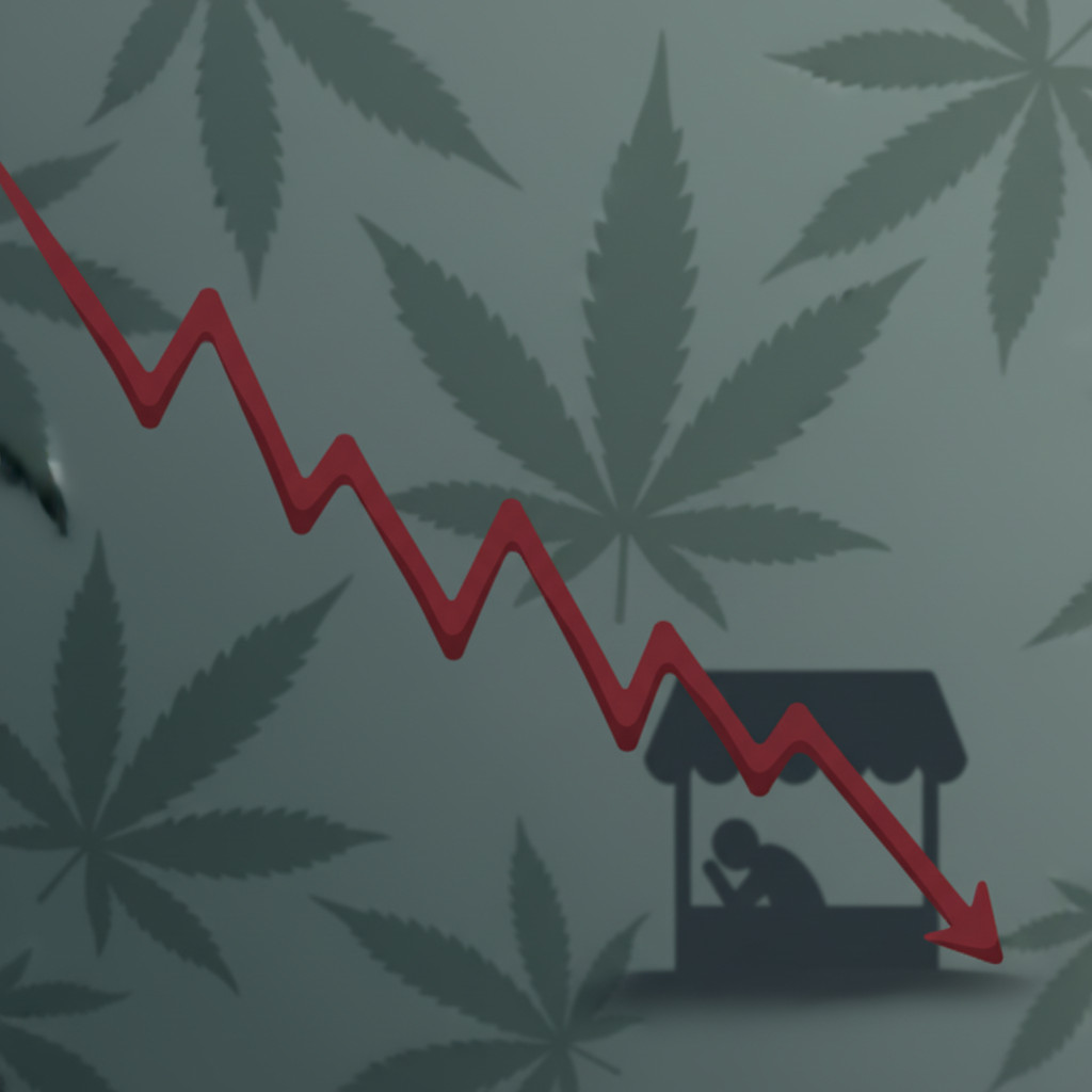 Abstract image showing a downward trend line over faint cannabis leaf silhouettes, muted greens and slate grays conveying economic strain