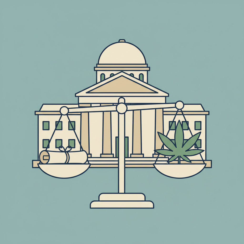 Illustration showing a balanced scale with a cannabis leaf on one side and a legal document on the other, set against a government building backdrop to represent cannabis legislation and regulation.