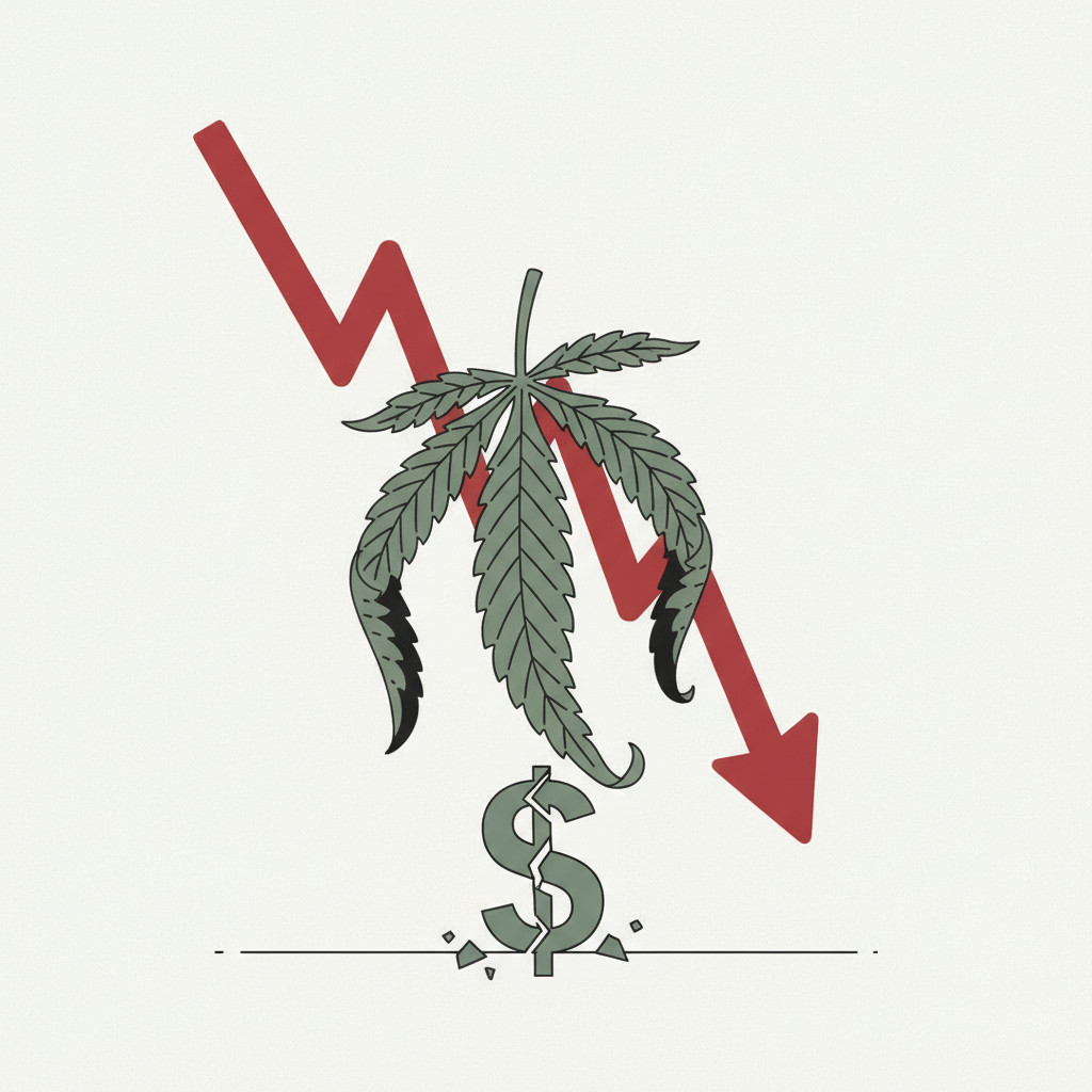 A wilted cannabis leaf in the foreground with a jagged red downward-trending arrow and a fractured dollar sign nearby, rendered in muted greens, grays, and reds to symbolize financial collapse in the cannabis industry.