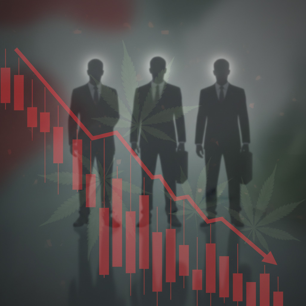 A downward trending stock chart with faint cannabis leaves and silhouetted bankers