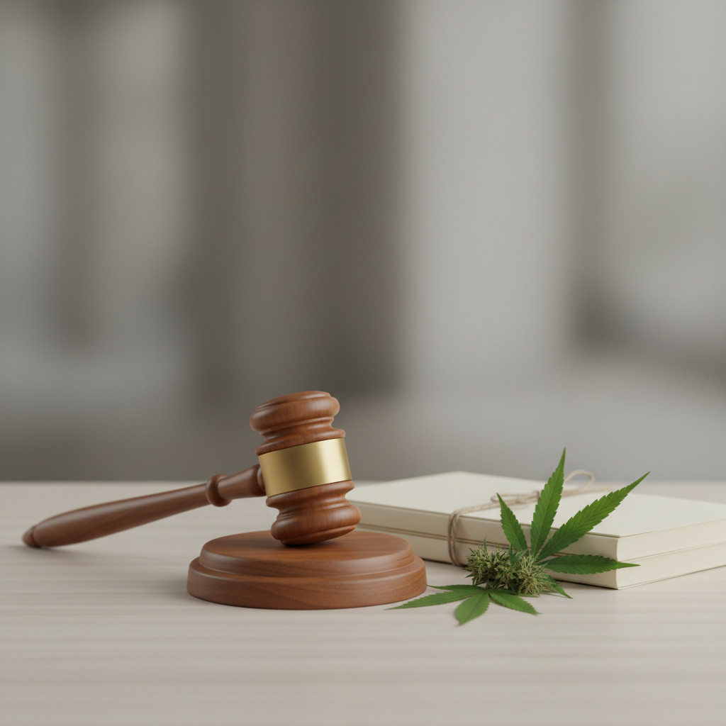 Gavel, legal documents, and cannabis leaves