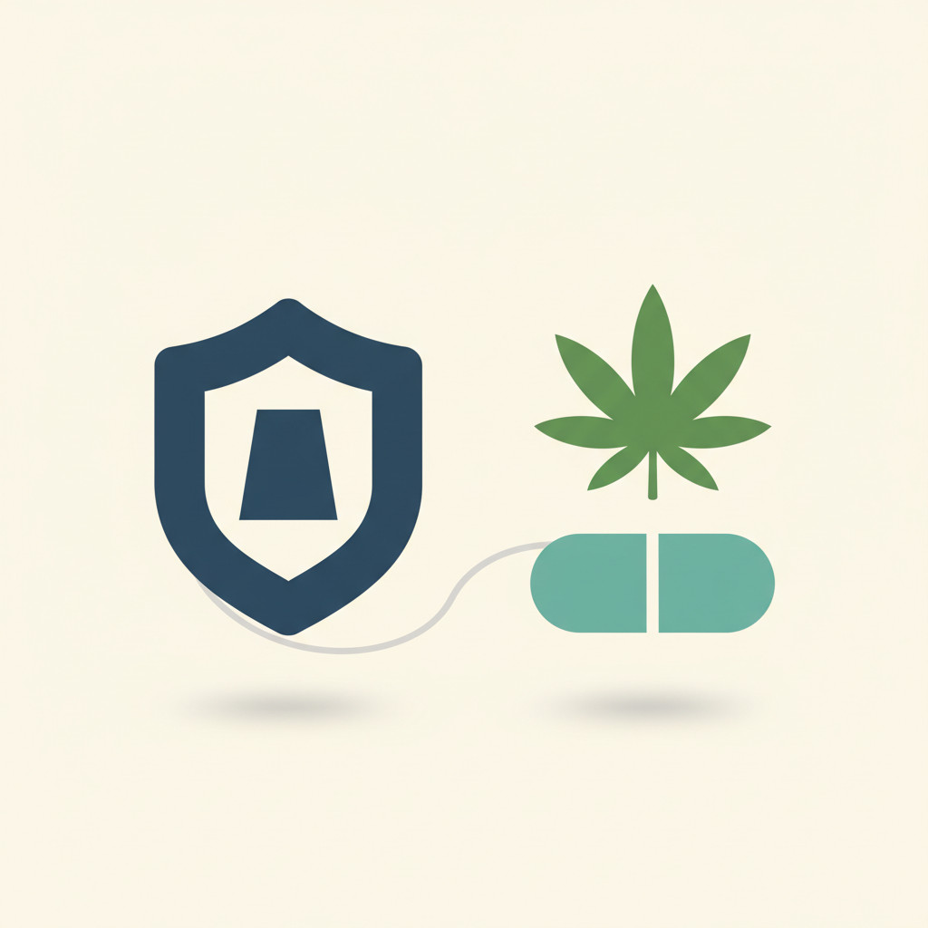 Simple vector illustration showing a dark blue shield and balance scale on the left and a green cannabis leaf with a teal capsule on the right. The background is pale cream. The image uses flat shapes and rounded forms to symbolize regulation protecting consumers and representing industry impacts.