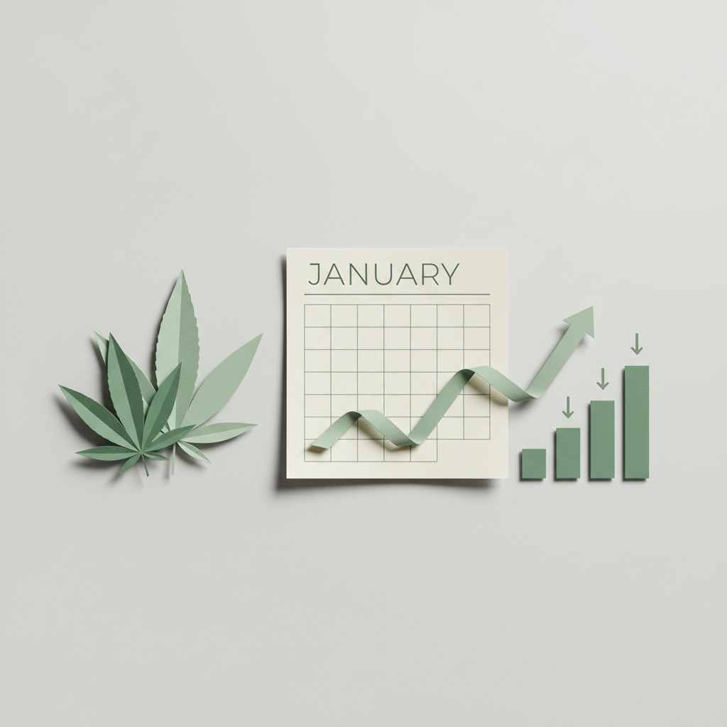 A flat lay showing stylized cannabis leaves beside a minimalist January calendar page with subtle line elements indicating sales fluctuation. Neutral background and soft shadows for a calm, professional look.