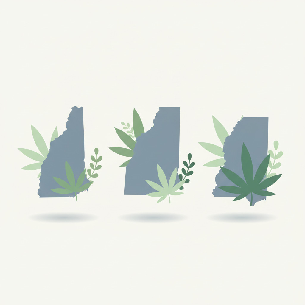 Cannabis leaves intertwined with simple state-shaped icons for New Hampshire, South Dakota, and Mississippi