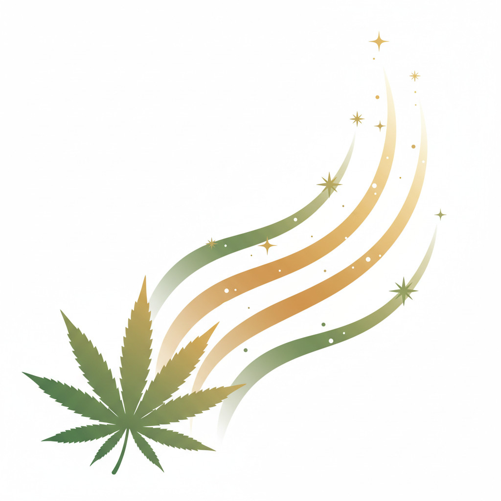 A stylized hemp leaf and CBD dropper bottle with three graceful scent waves in green amber and pale gold, accented by tiny sparkle particles to suggest ultra light volatiles and terpenes