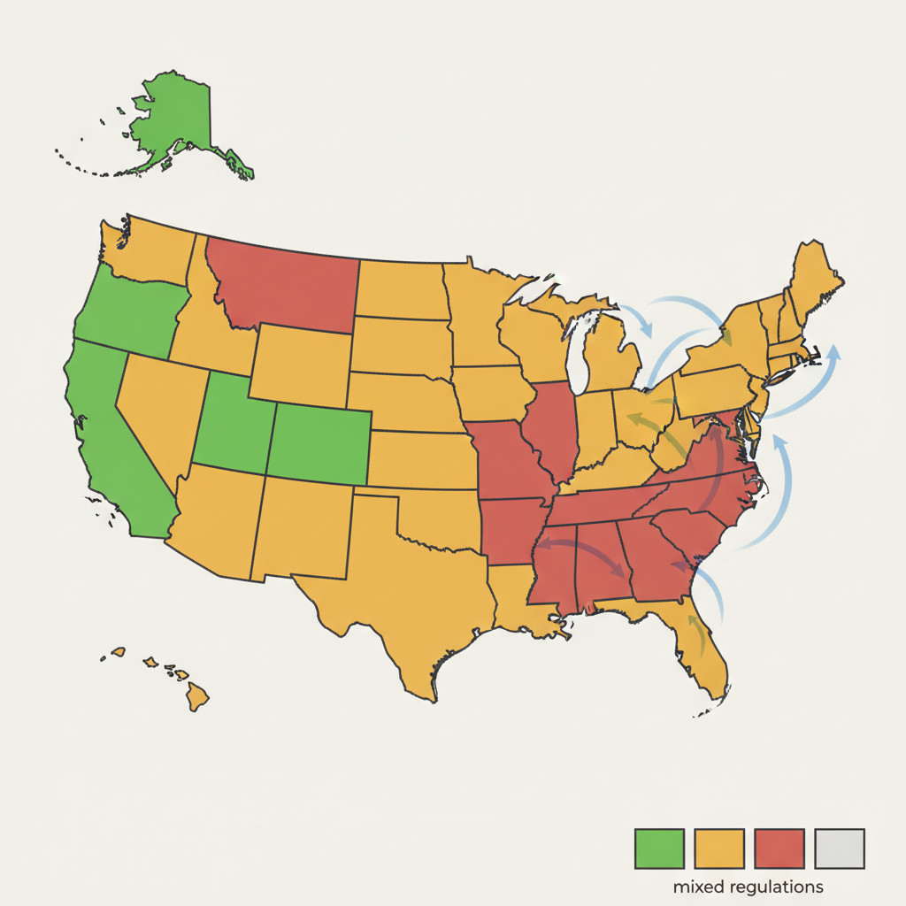 Stylized US map color-coded by cannabis law categories with arrows showing cross-state market flow