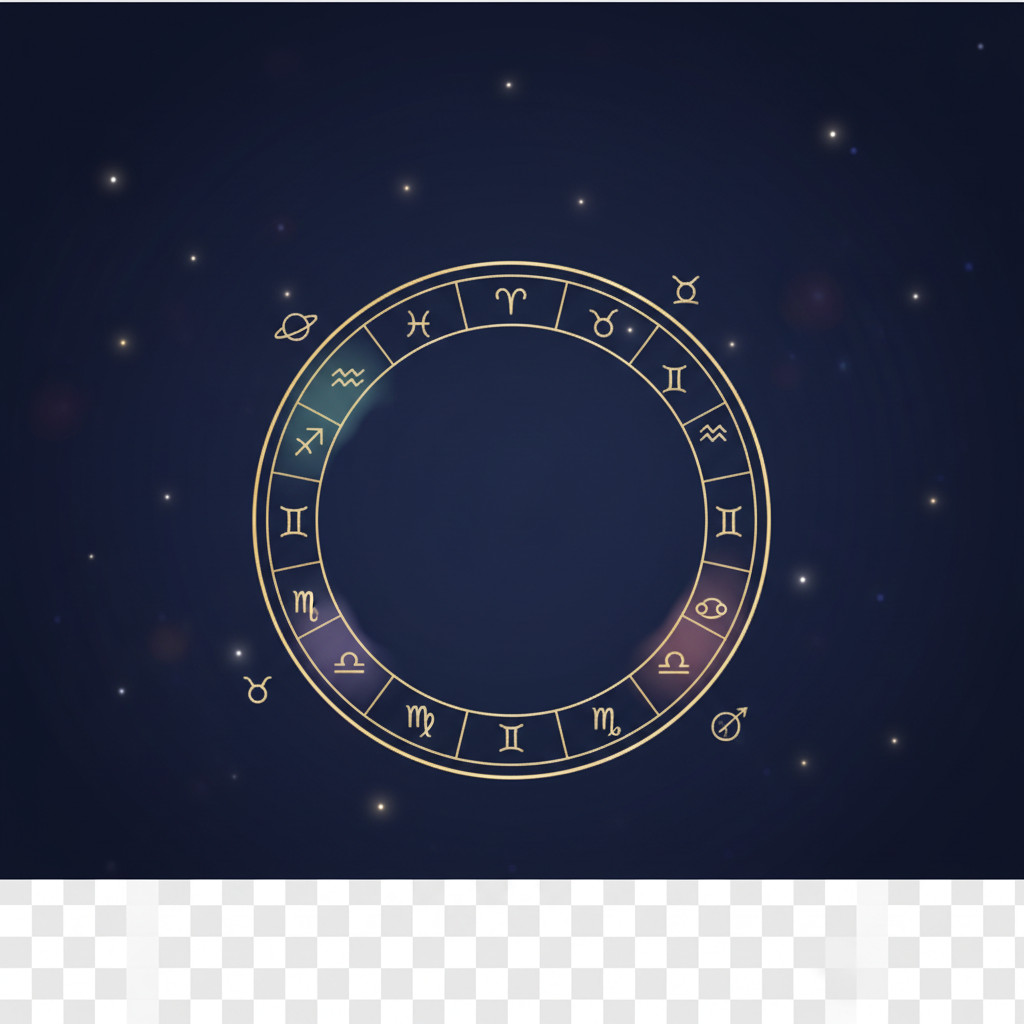Celestial zodiac wheel on a starry midnight background with subtle planetary glyphs and pastel highlights