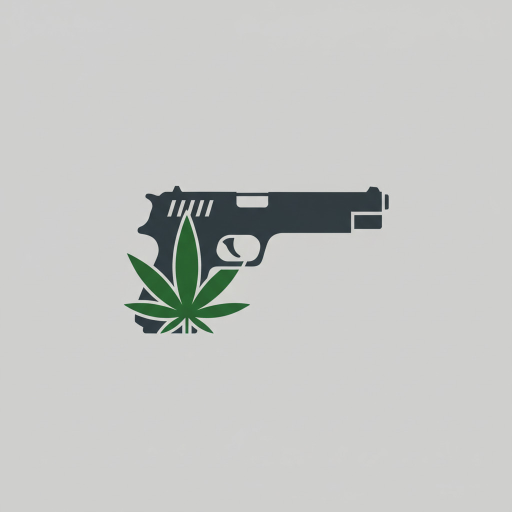 Symbolic two tone illustration showing a stylized cannabis leaf merged with a firearm silhouette on a neutral background