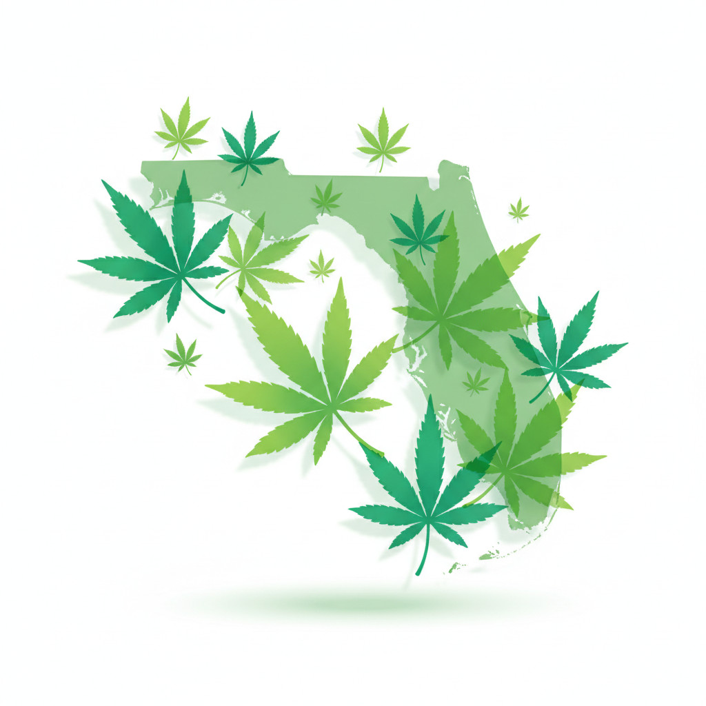 Cannabis leaves intertwined with Florida map