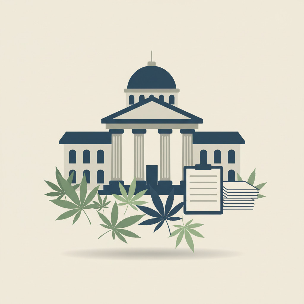 A minimalist vector illustration showing a civic building with columns and dome, stylized green cannabis leaves in the foreground, and a stack of policy documents to the side. Muted blues, greens, and grays create a calm, civic tone.