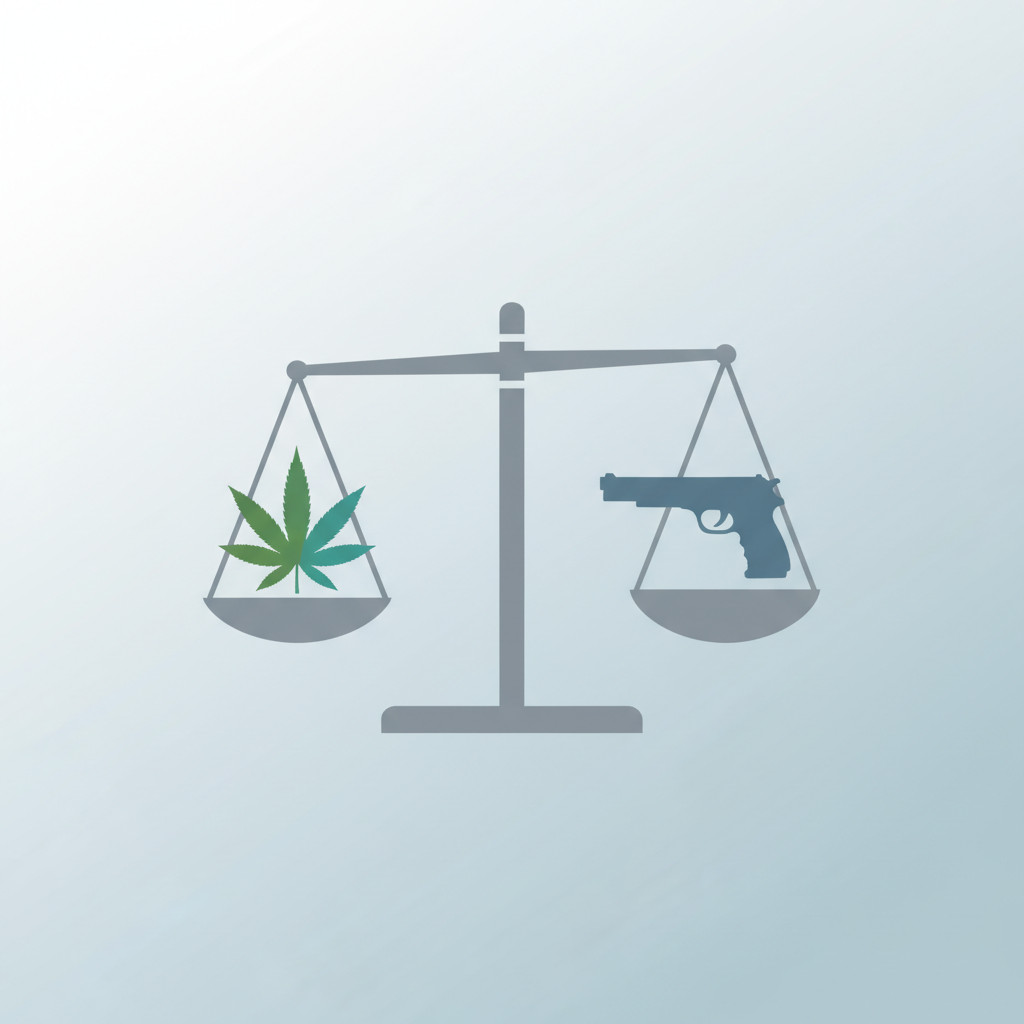 Scales with cannabis leaf and firearm