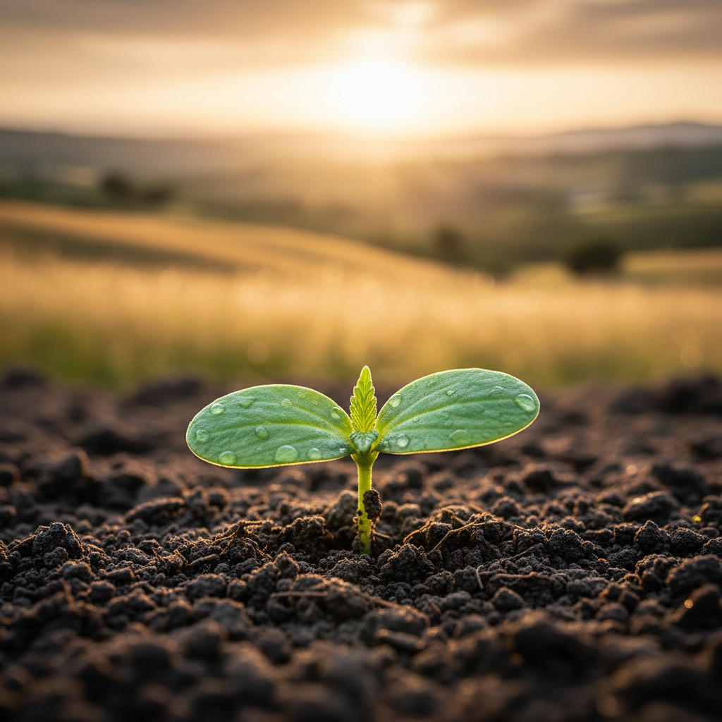 Hemp seedling breaking through soil