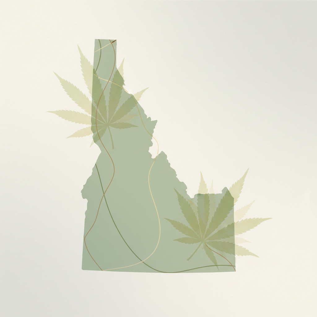 Idaho outline with cannabis motifs