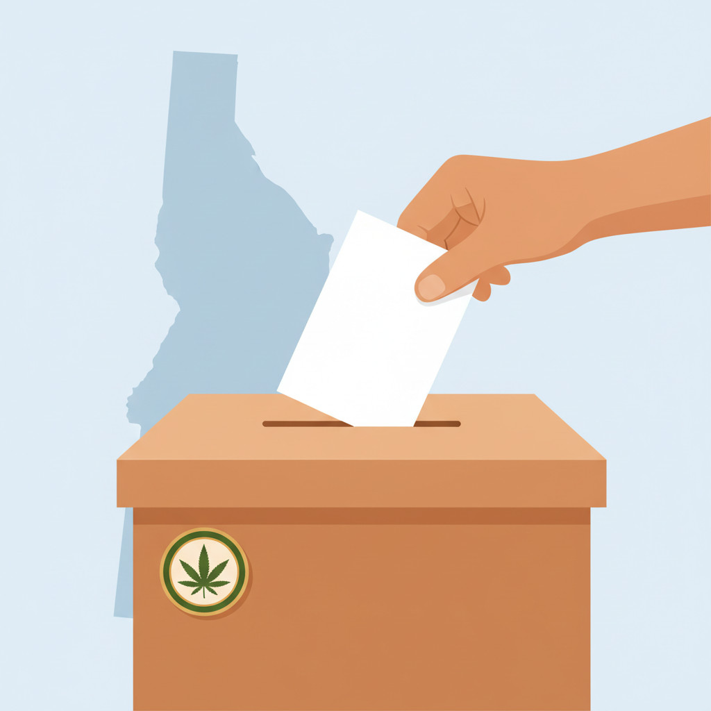Ballot and Idaho silhouette with subtle medical cannabis symbol