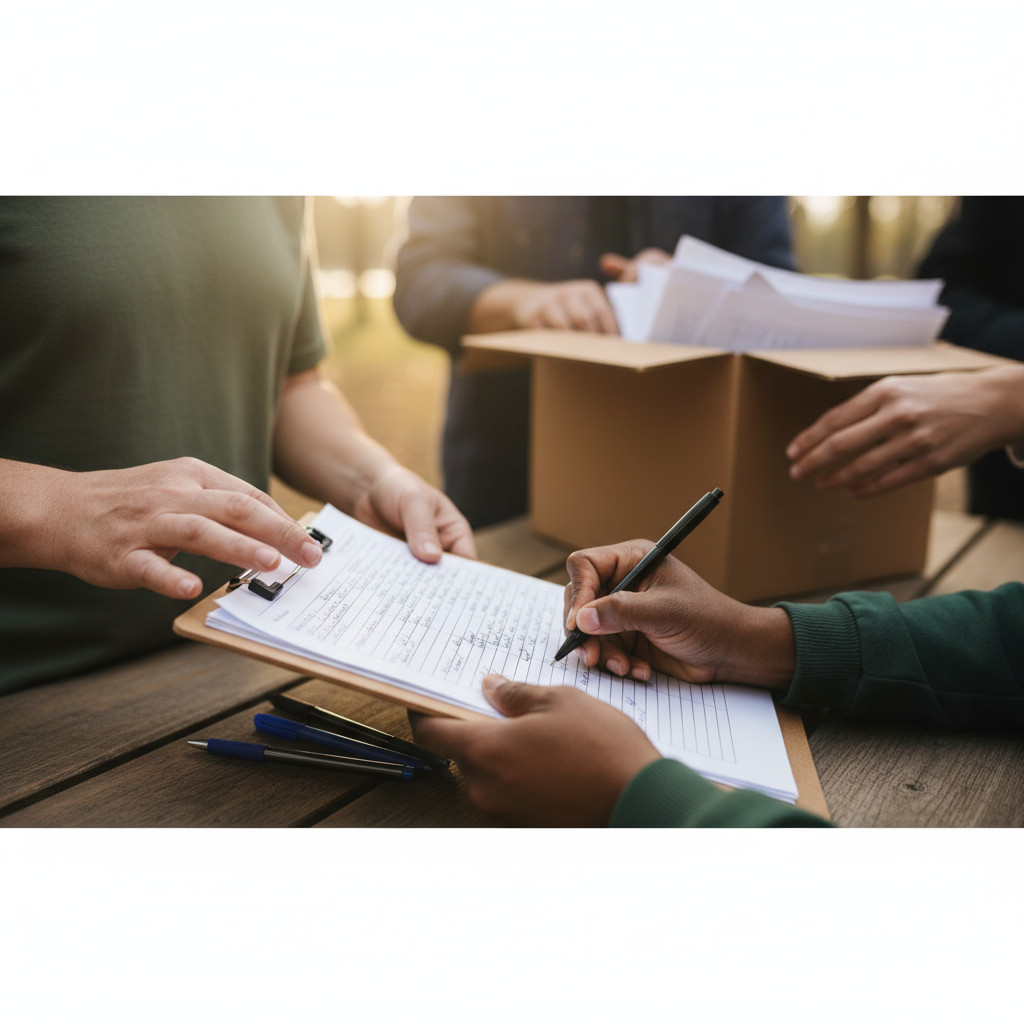 Hands signing a petition on a clipboard with a collection box on a community table