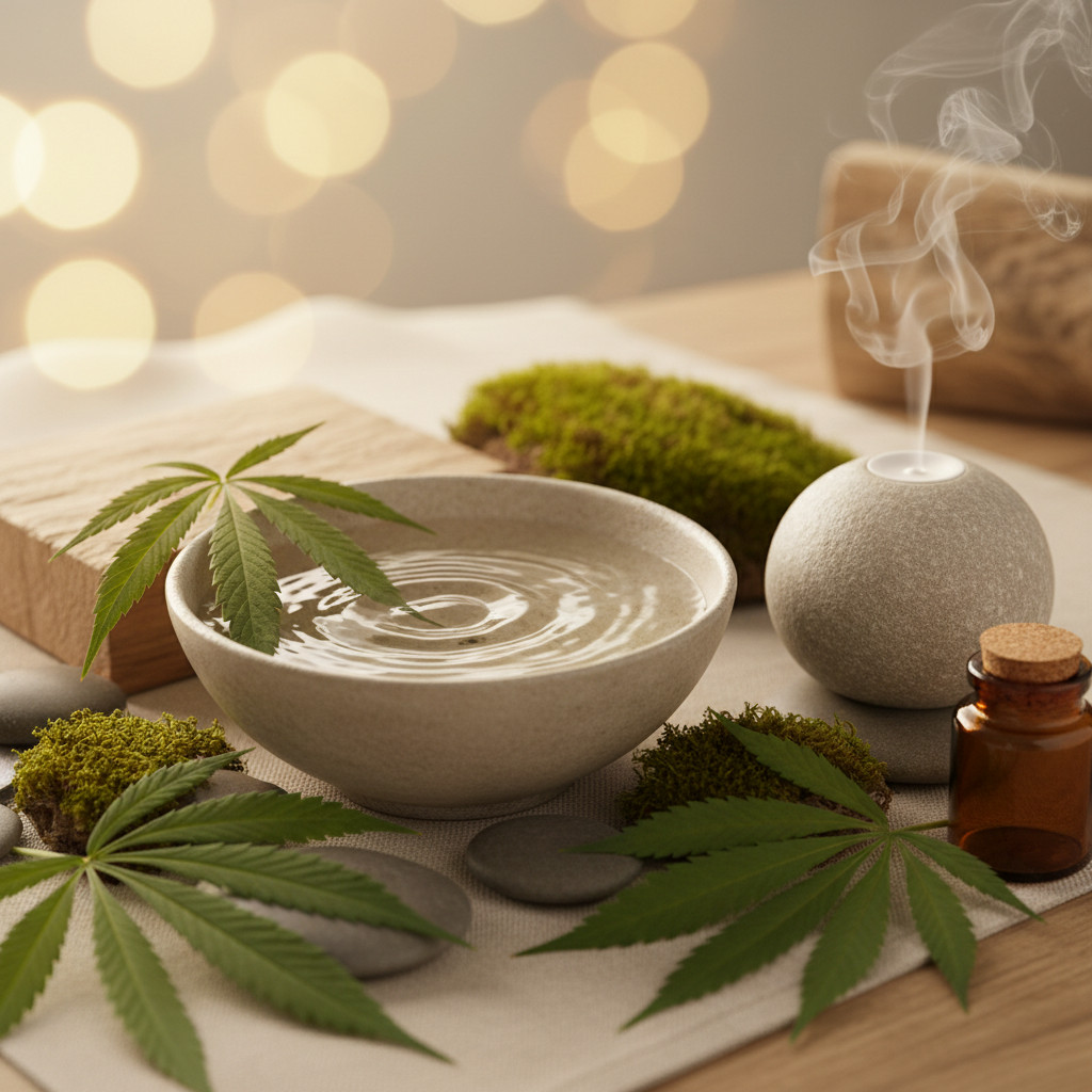 Calming still life with soft green cannabis leaves, moss, a shallow bowl of water with gentle ripples, and a small ceramic diffuser on a wooden surface, evoking wellness and natural therapeutic benefits.