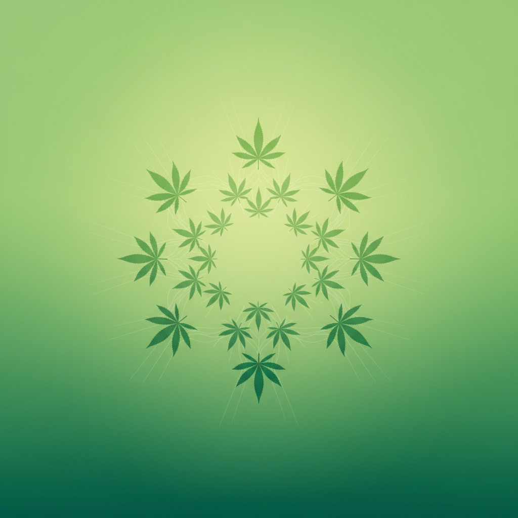 Stylized cannabis leaf silhouettes in natural green tones arranged like a rising sun to suggest growth, connection, and events. Minimal modern design with soft gradients, no text.