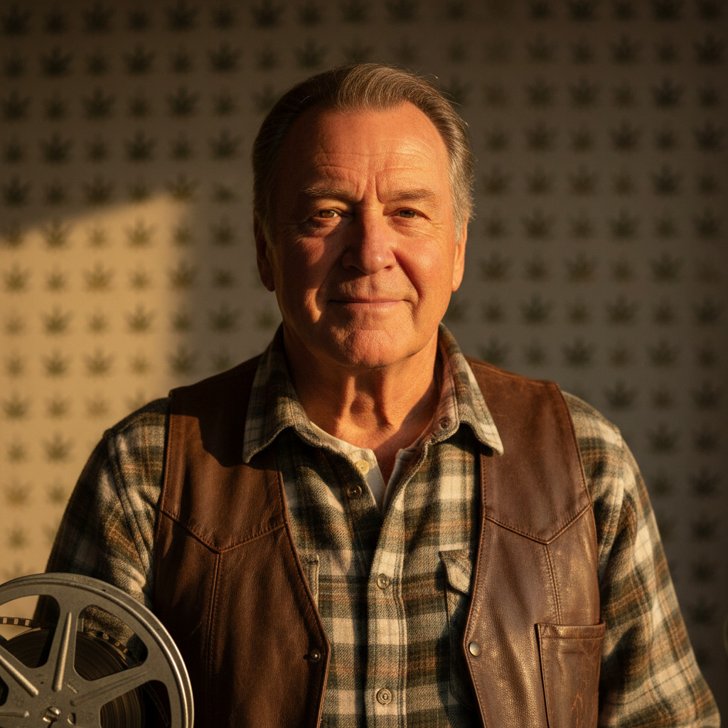 Jim Belushi portrait with cannabis and film motifs