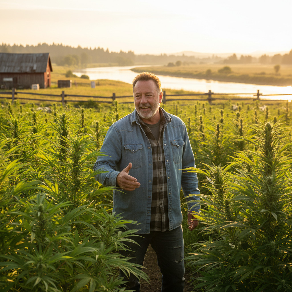 Jim Belushi inspecting cannabis plants