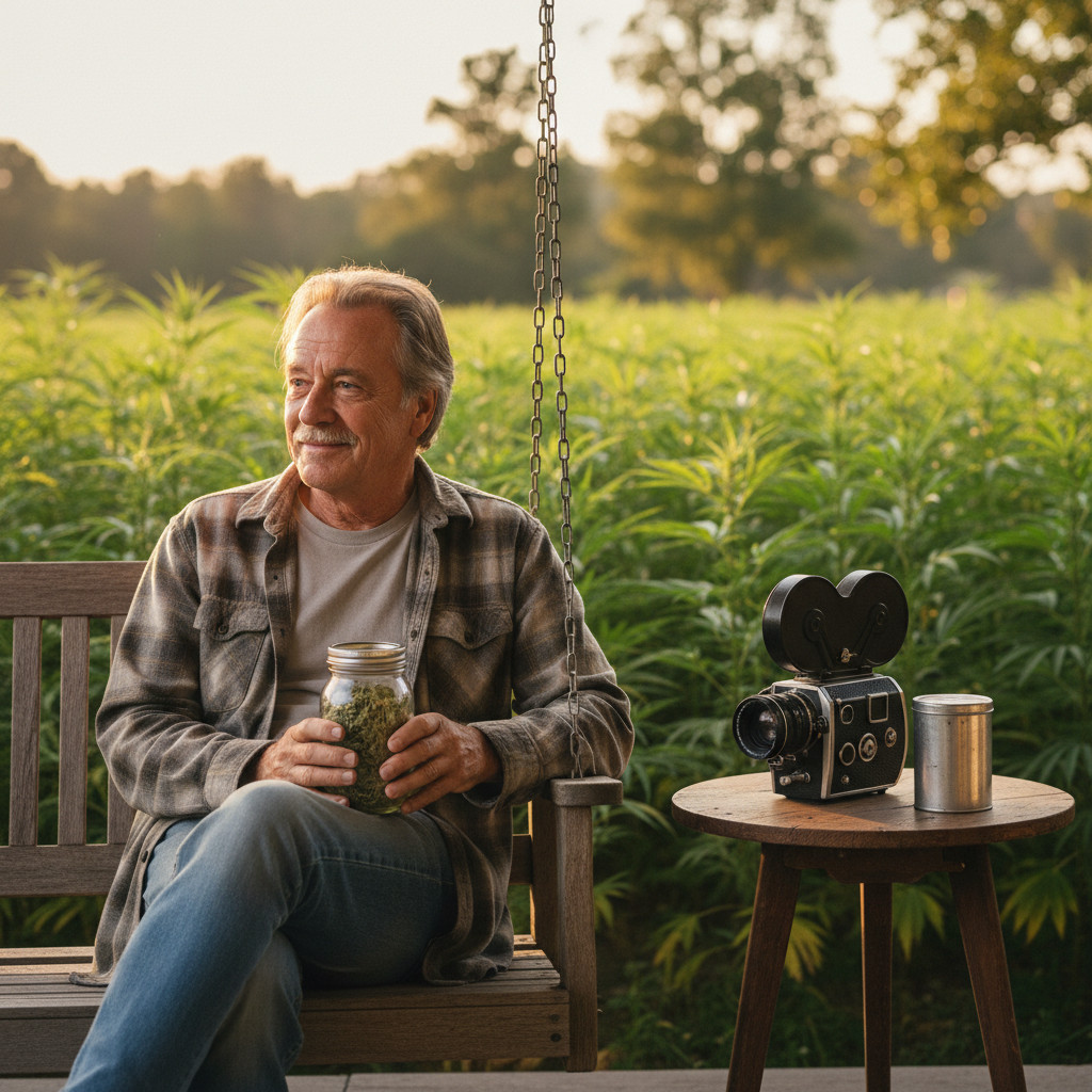 Jim Belushi inspired portrait on a rustic porch with hemp plants and a vintage 16mm camera