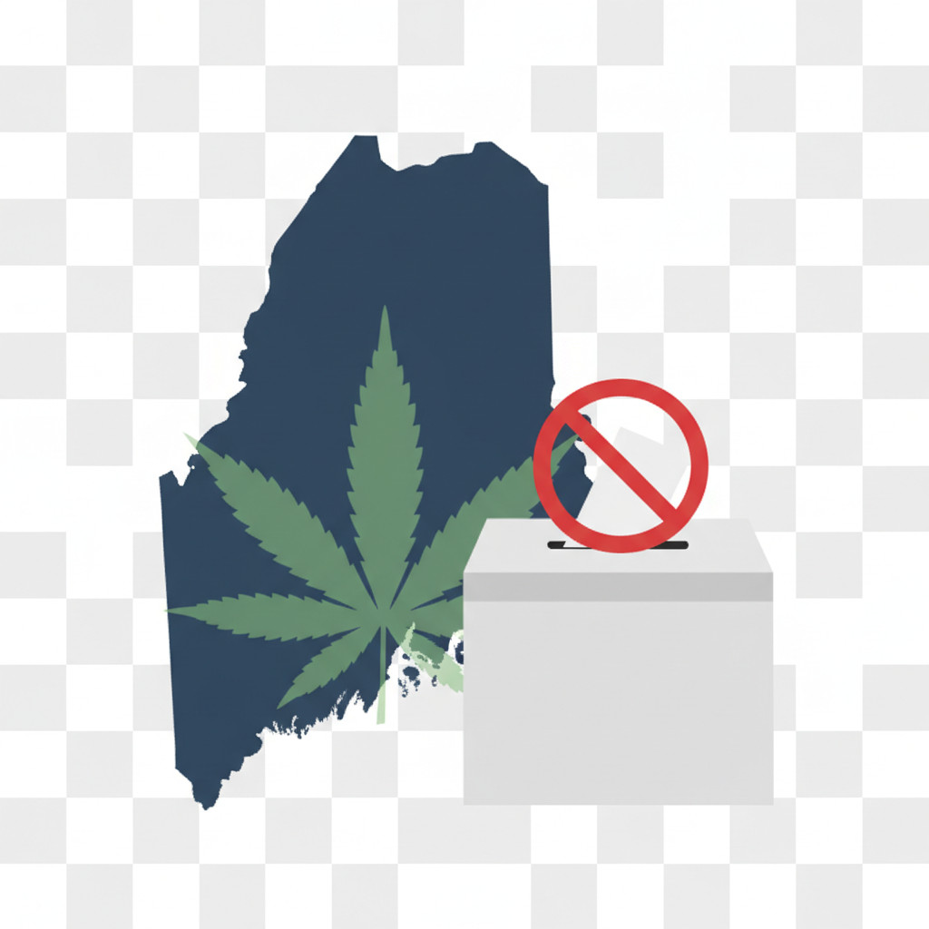 Conceptual illustration of the outline of Maine intersecting with a cannabis leaf and a ballot box marked with a cancellation symbol, in a clean flat style.