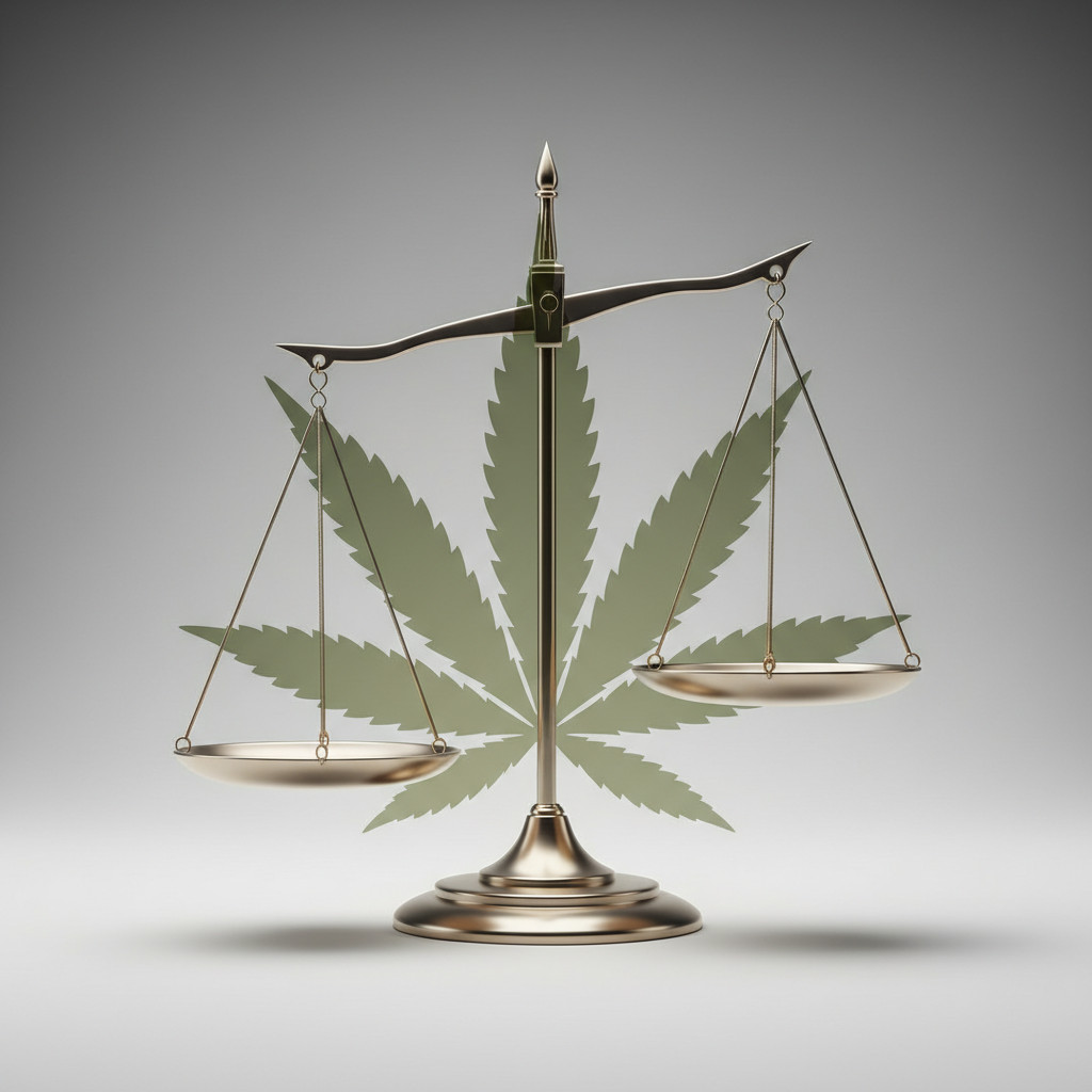 Scales of justice overlaid with a cannabis leaf silhouette